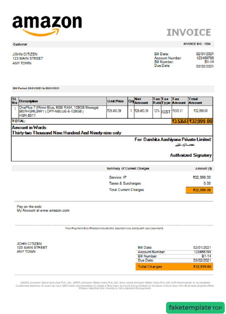 Feature of fake USA Amazon invoice example